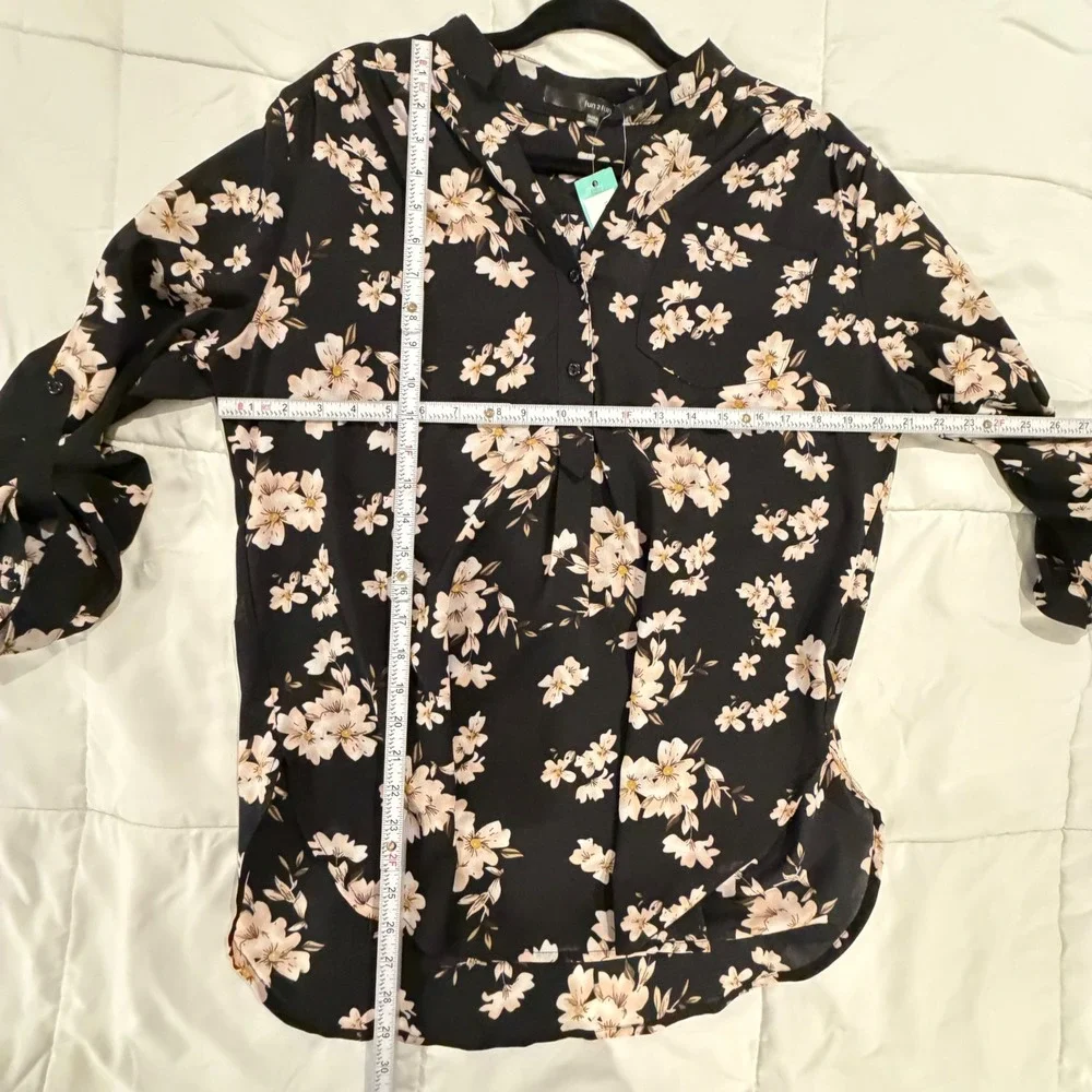 Fun2Fun Mackenzie Henley Blouse Black‎ Floral Roll Tab Sleeve Top XL